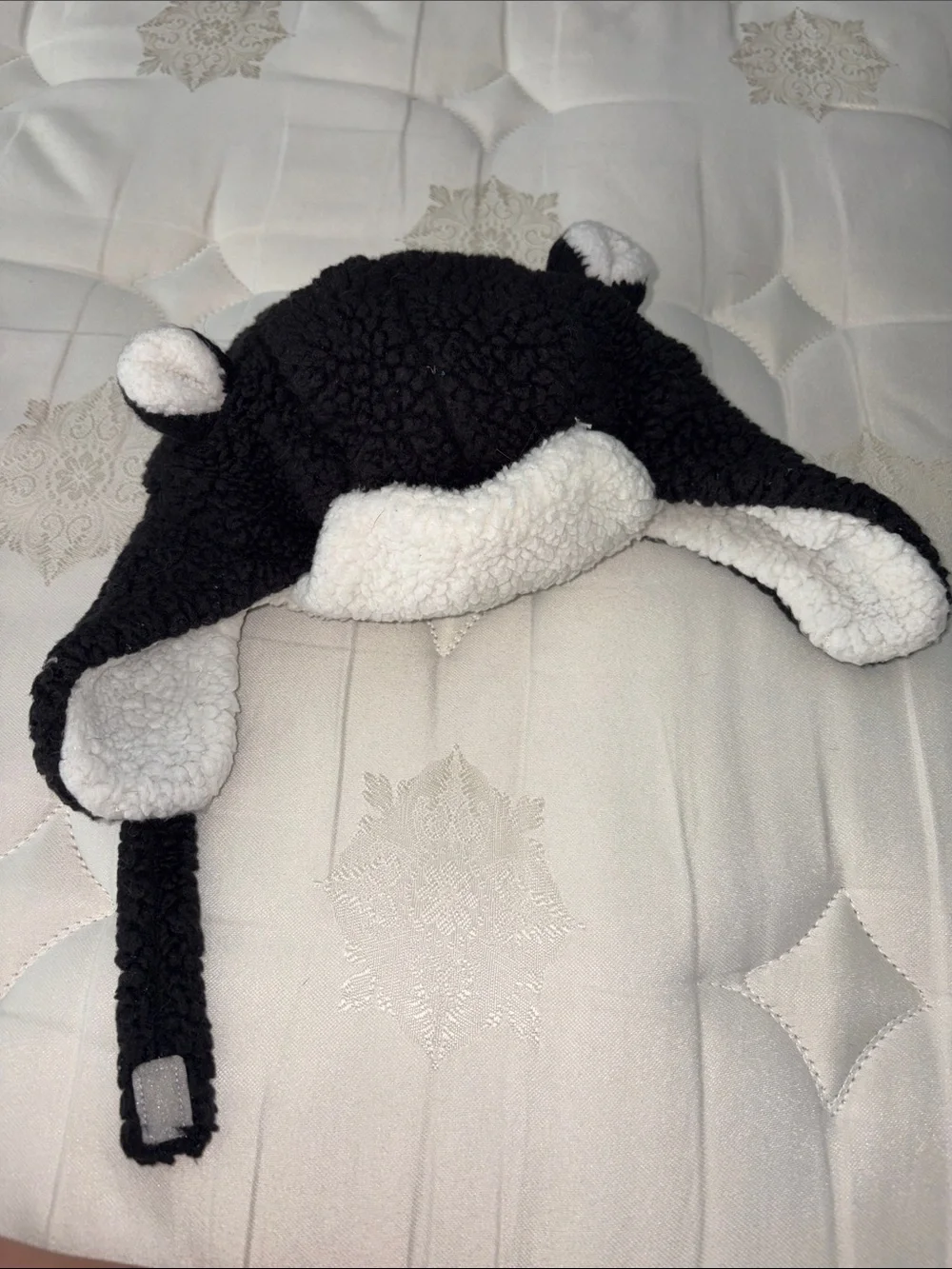Black and White Sherpa Earflap Hat - Cute Bear Ears